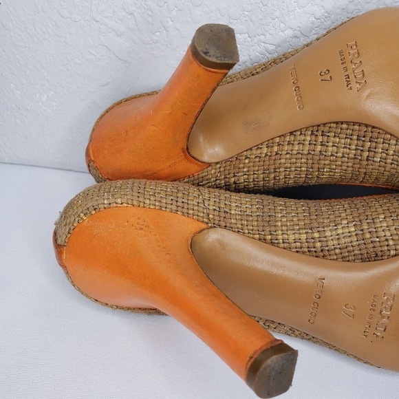 PRADA Woven Color Block Orange Croc Cap Toe Green Leather Trim Pumps Size 37 EU - Picture 12 of 15